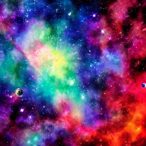 Image similar to beautiful watercolor painting of a colorful nebula, a lone astronaut drifting through space, stunning, 4 k