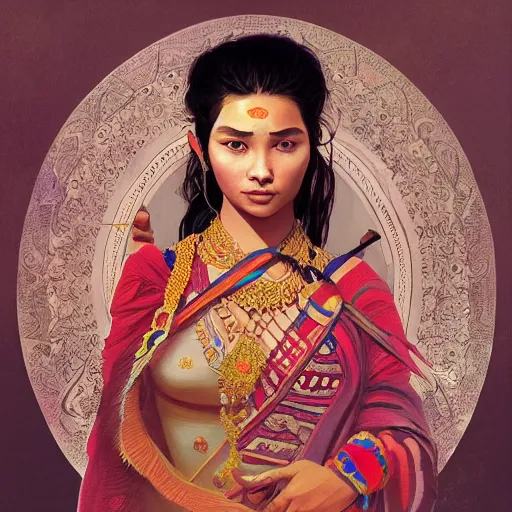 Image similar to A young nepalese woman wearing a nepalese outfit, very detailed face, gorgeous, beautiful, intricate, highly detailed, digital painting, artstation, concept art, sharp focus, illustration, art by greg rutkowski and alphonse mucha