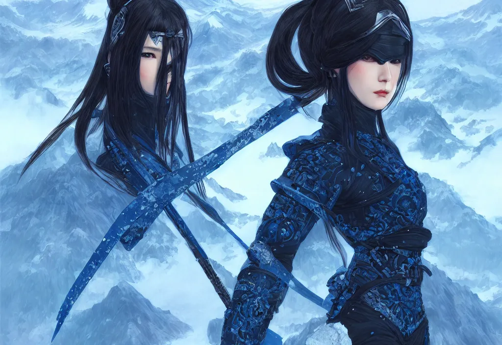 Image similar to portrait ninja gaiden girl, black and blue ninja wardrobe, at snowy fuji mountain sunrise, ssci - fi and fantasy, intricate and very very beautiful, detailed, digital painting, artstation, concept art, smooth and sharp focus, illustration, art by tian zi and wlop and alphonse mucha