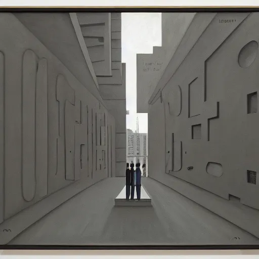 Image similar to first - person view of a stark concrete maze with people looking into portholes, grant wood, pj crook, edward hopper, oil on canvas