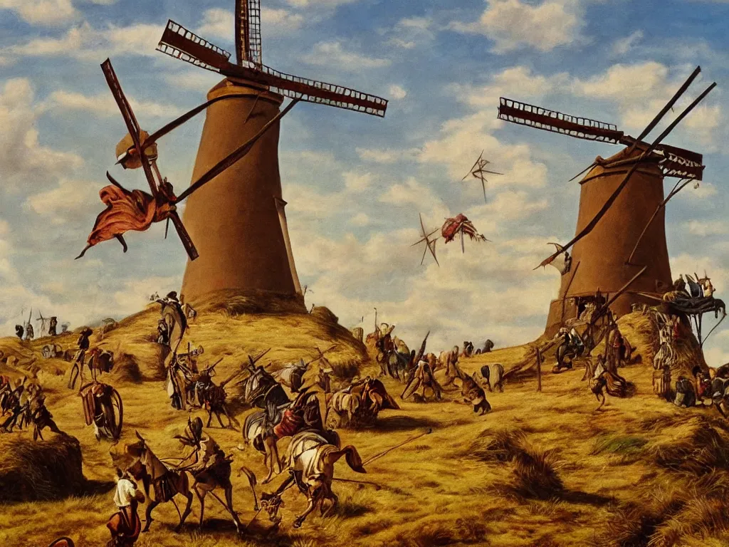 Prompt: oil painting of don quijote attacking a windmill, hyperrealism, highly detailed, pre - raphaelite style