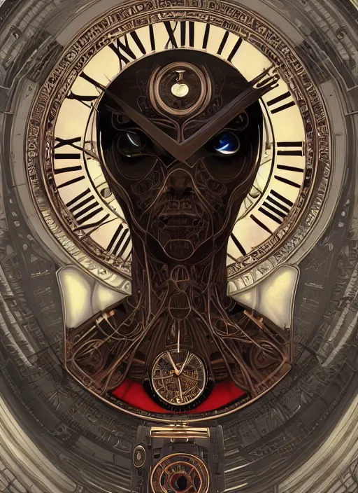 Image similar to symmetry!! portrait of clockface alien in the style of, clocks and machine face, intricate, elegant, highly detailed, digital painting, artstation, concept art, smooth, sharp focus, illustration, art by artgerm and greg rutkowski and alphonse mucha, 8 k