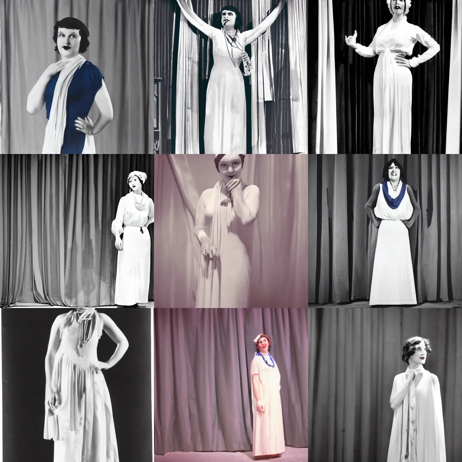 Prompt: a woman in a white dress with a blue scarf around her neck, standing on a stage in front of a curtain. art deco, theater, performance, drama, stage, actress, costume