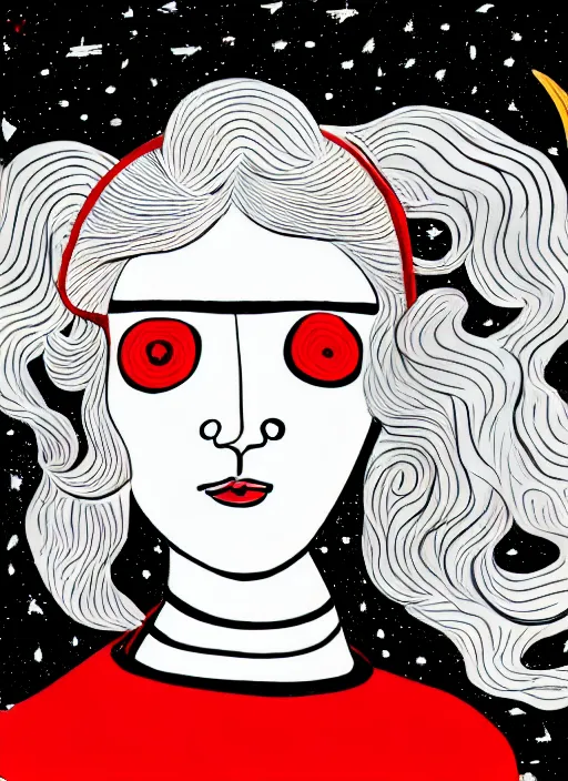 Prompt: highly detailed portrait of a hopeful pretty astronaut lady with a wavy blonde hair, by Pablo Picasso, 4k resolution, nier:automata inspired, bravely default inspired, vibrant but dreary but upflifting red, black and white color scheme!!! ((Space nebula background))