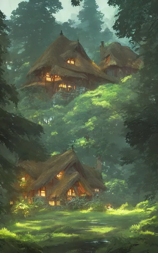 Image similar to Stunning cottage, solar, lush, forest, beautiful, by Studio Ghibli and Greg Rutkowski, artstation