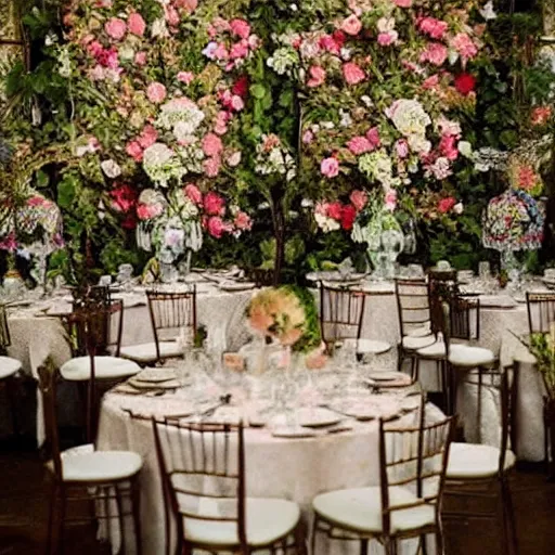 Prompt: A fantasy historical 1900s Russian and Japanese mix taken of a royal wedding floral covered venue inspired by a enchanted ethereal forest.