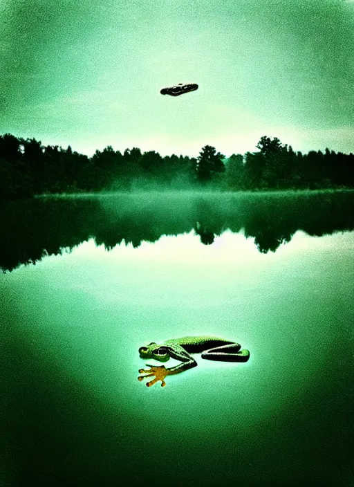 Prompt: “translucent frog amphibian vertically hovering above calm lake waters in jesus christ pose, distant meadow and misty forest horizon, low angle, long cinematic shot by Andrei Tarkovsky, paranormal, eerie, mystical”