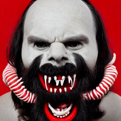Prompt: bearded man with living teeth and tentacles in the style of the horror film The Thing 1982