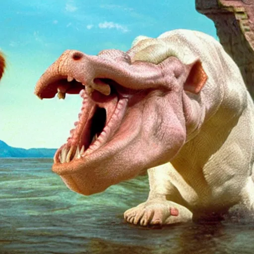 Image similar to falcor from the never ending story, eating a hippopotamus