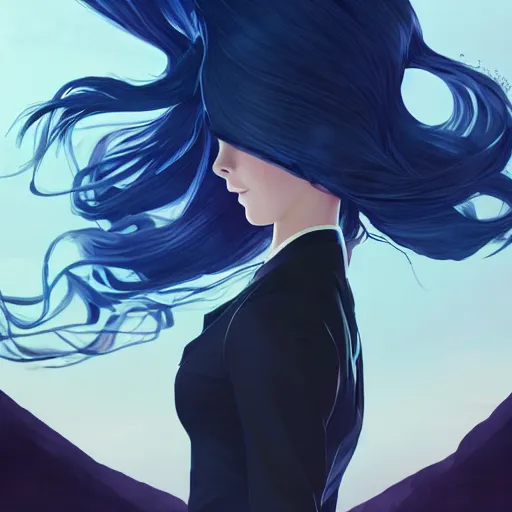 Image similar to low - angle shot from behind of a long blue - haired girl in a tailcoat overlooking noxus, noir, screenshot, sharp focus, intricate, illustration, cell shaded, digital painting, highly detailed, straight hair, art by ilya kuvshinov, wlop, greg rutkowski, studio quality, james jean