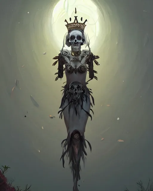 Image similar to illustrated tarot card portrait of a bone queen, bone crown, skull earings, bone dress, stephen bliss, unreal engine, by greg rutkowski, loish, rhads, makoto shinkai and lois van baarle, ilya kuvshinov, rossdraws, global illumination, radiant light, detailed and intricate environment