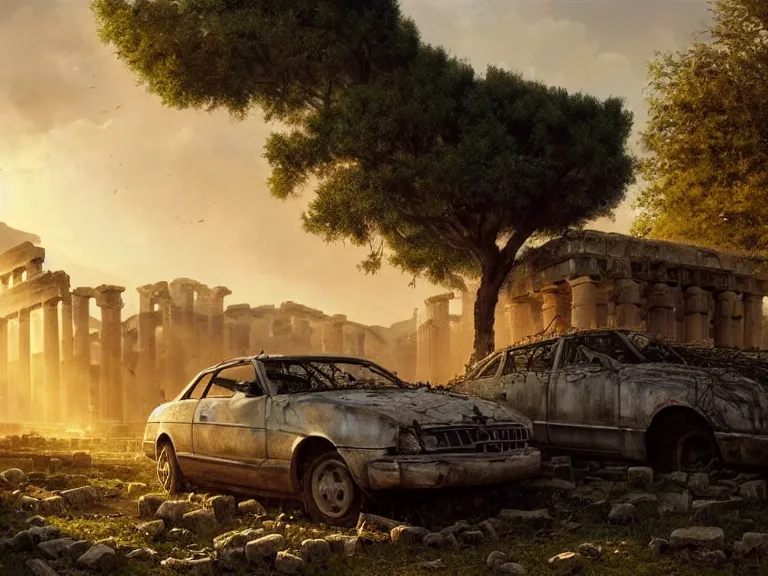 Image similar to a tree growing on a scrap car in ancient greek ruins, gray wasteland, many scrap cars, overgrown, pillars and arches, vines, hyperrealistic, highly detailed, cinematic, ray of golden sunlight, beautiful, cgsociety, artstation, 8 k, oil painting by greg rutkowski, by artgerm, by wlop