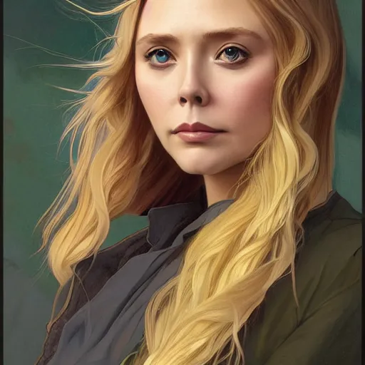 Image similar to Young blonde elizabeth olsen, highly detailed, digital painting, artstation, concept art, smooth, sharp focus, illustration, ArtStation, art by artgerm and greg rutkowski and alphonse mucha and J. C. Leyendecker and Edmund Blair Leighton and Katsuhiro Otomo and Geof Darrow and Phil hale and Ashley wood and Ilya repin and Charlie Bowater