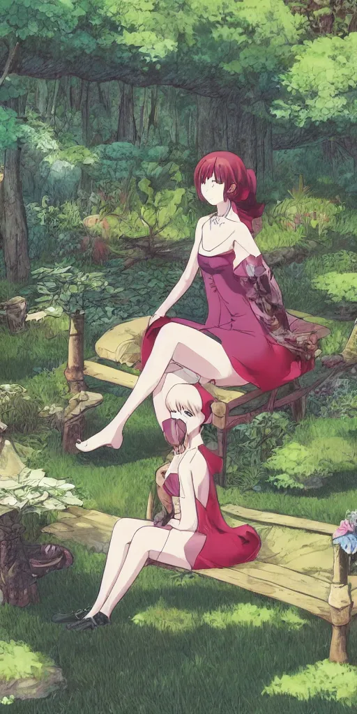 Image similar to landscape shot of a single queen sitting by herself on a sofa in a forest, drawn by CloverWorks, elegant, beauty,
