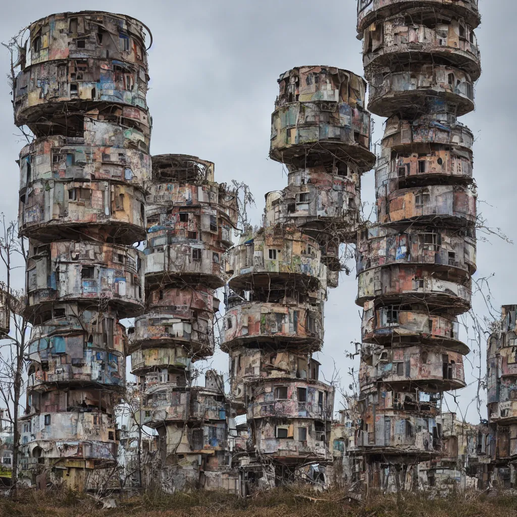 Prompt: circular towers, made up of makeshift squatter shacks with faded colours, dystopia, sony a 7 r 3, f 1 1, fully frontal view, photographed by jeanette hagglund and terry gilliam