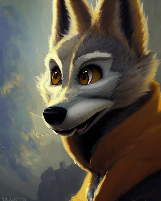 Image similar to oil painting of anthromorphic female wolf, in style of zootopia, female fursona, furry, furaffinity, 4 k, deviantart, furry art, fursona art, wearing black business suit, business suit, wolf fursona, female, very expressive detailed feminine face, by gaston bussiere, craig mullins, j. c. leyendecker