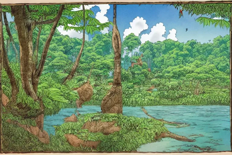 Prompt: sri lankan river and jungle, drawn by hayao miyazaki