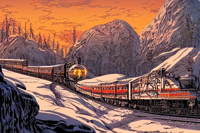 Image similar to trans - siberian express train illustration by joe fenton and syd mead and p. craig russell and barry windsor - smith, artstation, 4 k, graphic novel, concept art, matte painting, beautiful russian winter landscape sunset background, golden hour, art nouveau