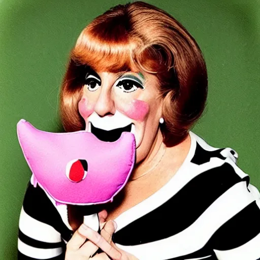 Image similar to 1970 woman on tv show with a long prosthetic snout nose, big nostrils, wearing stripes in the park 1970 color archival footage color film 16mmwith hand puppet Fellini Almodovar John Waters Russ Meyer Doris Wishman