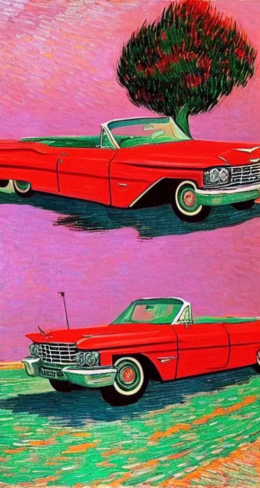 Image similar to painting of 1 9 6 3 red cadillac convertible driving down an empty highway into a pink sunset, aesthetic, minimalist, realistic, surreal, by vincent van gogh