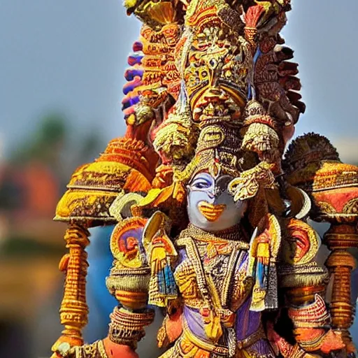 Image similar to a woman wearing an armor and head - dress. the armor and head - dress is made out of the colors, textures and sculptures of the meenakshi temple in madurai. intricate. detailed.