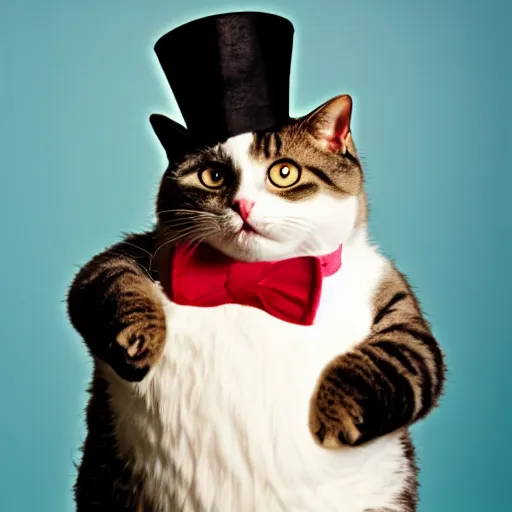 Image similar to obese cat extra fluffy wearing an obese top hat anscochrome.