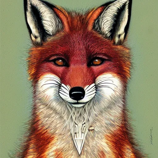 Image similar to realistic detailed face portrait of a fox detective by emilia dziubak, will terry, greg olsen, chris mars, ann long, and mark brooks, fairytale, female, feminine, art nouveau, illustration, character concept design, storybook layout, story board format