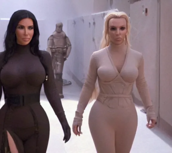 Image similar to a movie still of kim kardashian and britney spears as a prisoner in the movie star wars