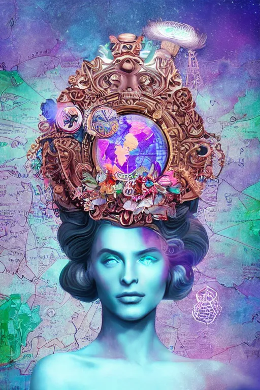 Image similar to opalescent retrofuturistic digital airbrush illustration of an explorer wearing an ornate gpu headpiece and holding a flower with a map of the collective subconscious in the background by luigi patrignani