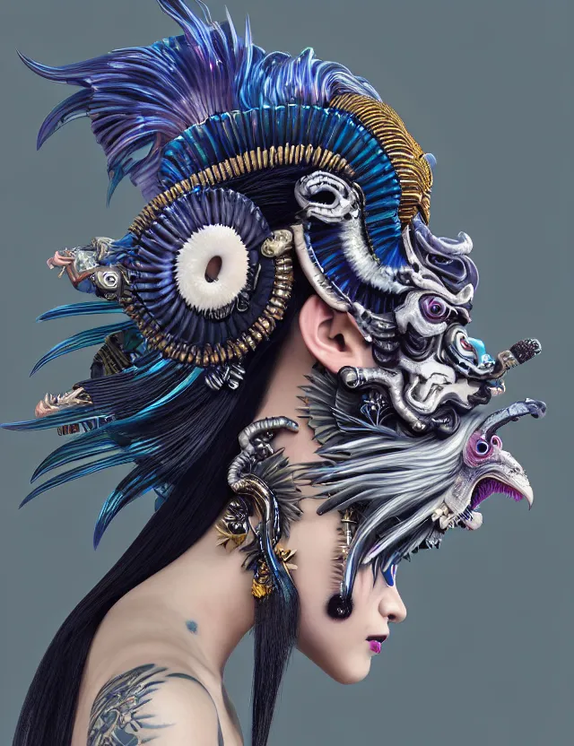 Image similar to 3 d goddess close - up profile portrait punk with mohawk with ram skull. beautiful intricately detailed japanese crow kitsune mask and clasical japanese kimono. betta fish, jellyfish phoenix, bio luminescent, plasma, ice, water, wind, creature, artwork by tooth wu and wlop and beeple and greg rutkowski