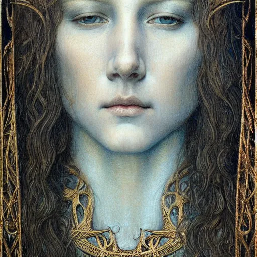 Image similar to detailed realistic beautiful young medieval queen face portrait by jean delville and marco mazzoni, art nouveau, symbolist, visionary, gothic, pre - raphaelite