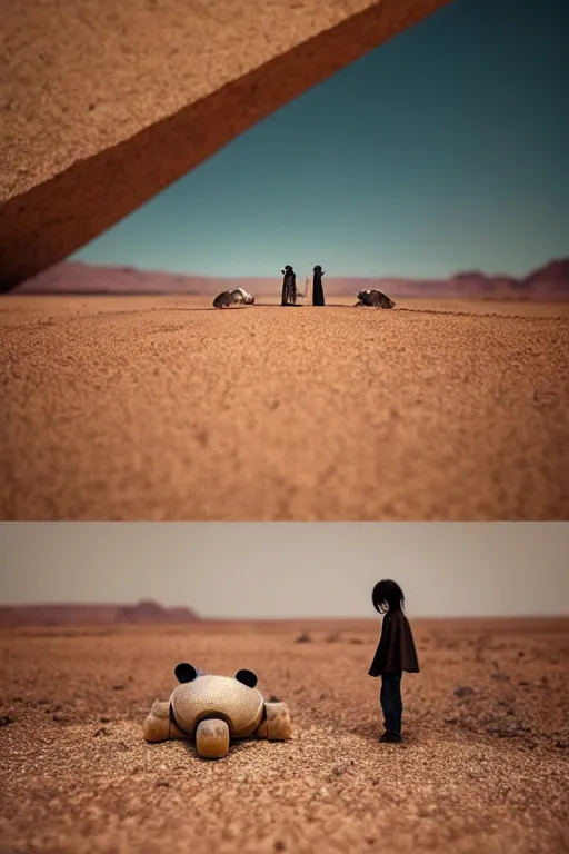 Prompt: 🐼 as 🐋 as 🤖 as 👽 as 🐳, desert photography, by makoto shinkai, by greg rutkowski and edgar maxence