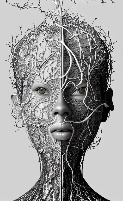 Image similar to a black and white 3D render of a beautiful profile face portrait of a female vegetal-dragon-cyborg, 150 mm, orchid stems, fine lace, Mandelbrot fractal, anatomical, flesh, facial muscles, cable wires, microchip, veins, arteries, full frame, microscopic, elegant, highly detailed, flesh ornate, elegant, high fashion, rim light, octane render in the style of H.R. Giger and Man Ray