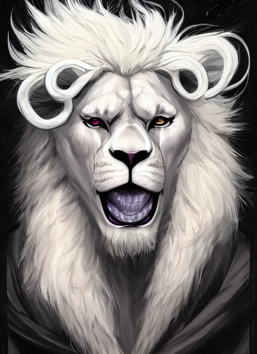 Image similar to aesthetic portrait commission of a of a male fully furry muscular anthro albino lion blindfolded in an asylumn horror art. Character design by charlie bowater, ross tran, artgerm, and makoto shinkai, detailed, inked, western comic book art, award winning film poster painting