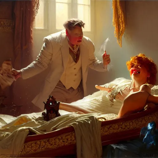 Image similar to rip taylor is in his bed, nervous and terrified, because a ghost is throwing confetti from a bucket at him. highly detailed painting by gaston bussiere, j. c. leyendecker, greg rutkowski, craig mullins 8 k