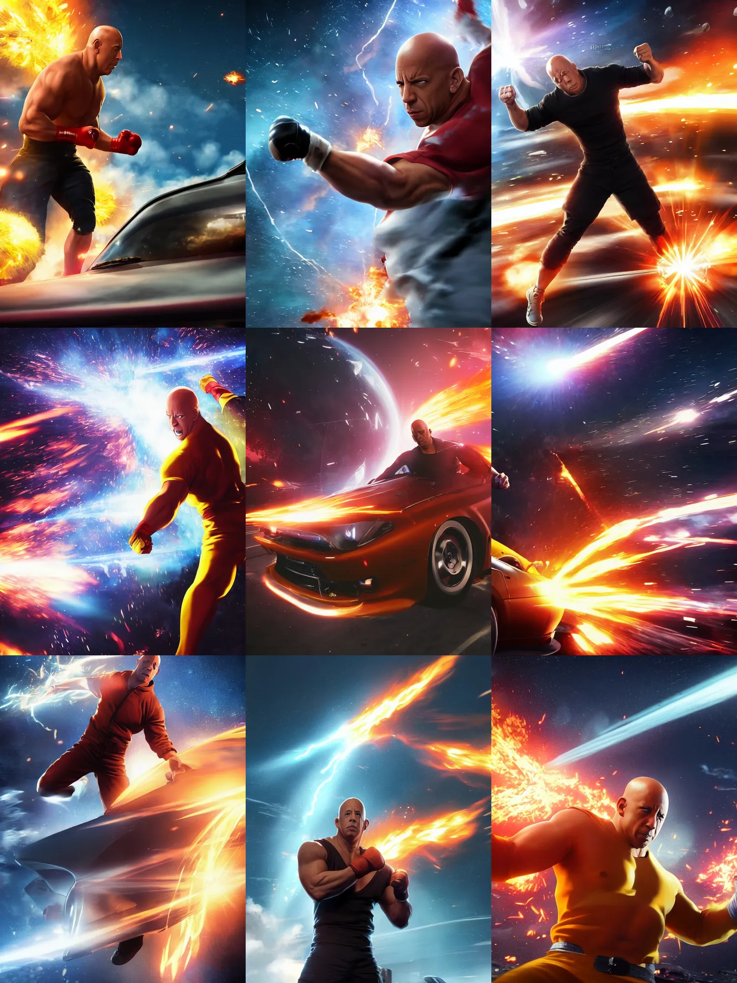 Prompt: vin diesel as saitama punching a car into space, ultra realistic, lens flare, atmosphere, glow, detailed, intricate, full of colour, cinematic lighting, trending on artstation, 4 k, hyperrealistic, focused, extreme details, unreal engine 5, cinematic, masterpiece