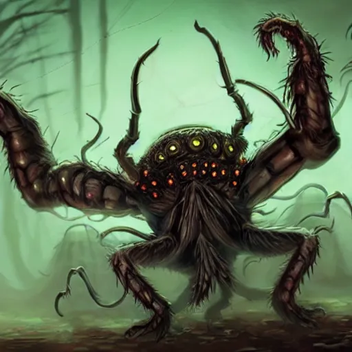 Image similar to d & d monster, huge spider monster covered in bulging eyes, dark fantasy, concept art, character art