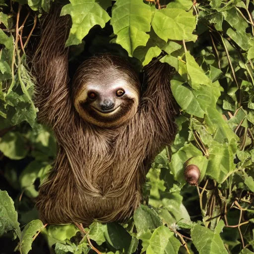 Prompt: an energetic young sloth with big eyes swinging on a vine