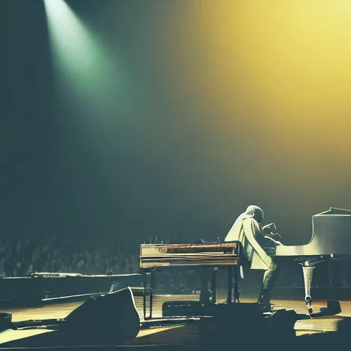 Prompt: Kanye West performing a song live on a garden with Elton John playing the piano in the background, vintage camera, dreamy, atmospheric, golden hour, cinematic lighting, 8K concept art