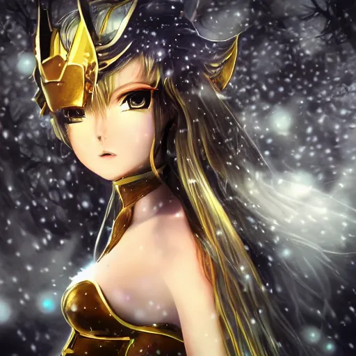 Prompt: focus face portrait of beautiful darkness knight 3D anime girl, golden armor wearing, dark forest background, snowing, bokeh, inspired by Masami Kurumada, digital painting, high contrast, unreal engine render, volumetric lighting, high détail
