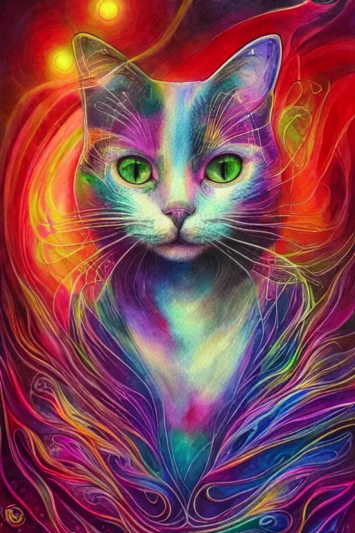 Image similar to portrait of an ethereal cat, modern fine art, lithe, dreamscape, intricate, elegant, subsurface scattering, highly detailed, pop art painting, organic acrylic flow art, psychedelic surreal art, acrylic art, watercolor, artstation