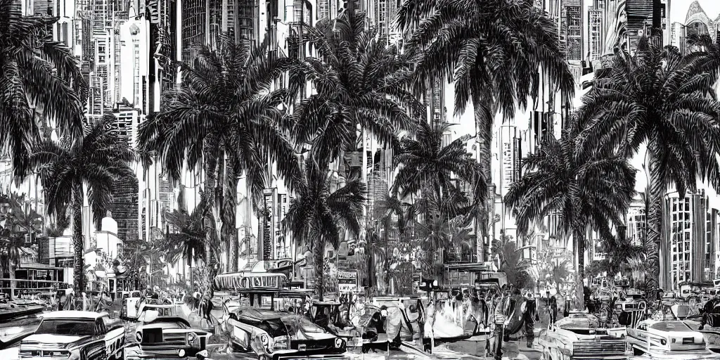 Image similar to cinematic high contrast graphic illustration of hyper detailed highway realistic streetwalkng in an afro futurist city blocks palm trees, by frank lloyd wright architect, bill sienkiewicz, wide angle, insanely detailed and intricate