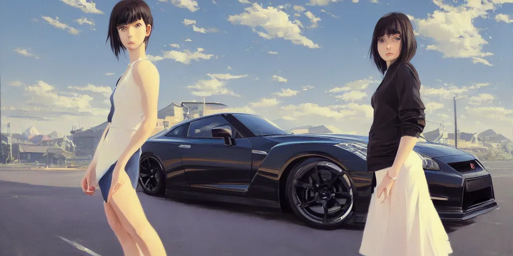 Image similar to A ultradetailed beautiful panting of a stylish girl standing in front of a Nissan GTR, Oil painting, by Ilya Kuvshinov, Greg Rutkowski and Makoto Shinkai