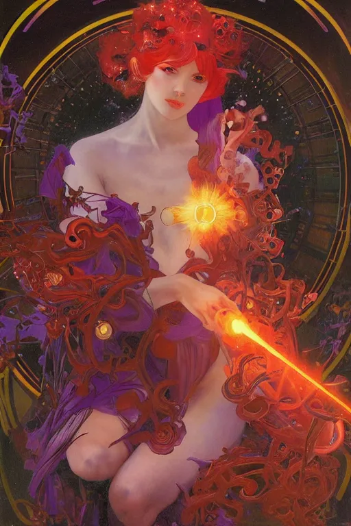 Image similar to she dreams of arcs of purple flame intertwined with glowing sparks, glinting particles of ice, dramatic lighting, steampunk, secret holographic cyphers, red flowers, bright neon solar flares, high contrast, smooth, sharp focus, art nouveau, painting by Caravaggio and Ayami Kojima and ruan jia and greg rutkowski and Alphonse Mucha