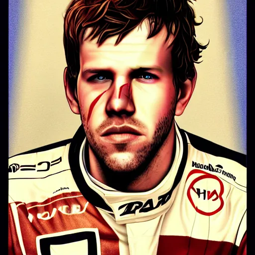 Image similar to formula 1 driver sebastian vettel portrait, borderlands, tales from the borderlands, the wolf among us, comic, cinematic lighting, studio quality, 8 k