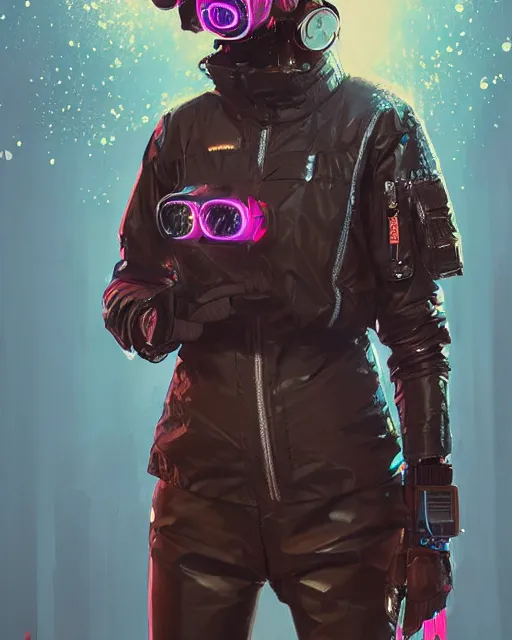 Prompt: detailed portrait Neon guard girl with short brown hair, cyberpunk futuristic, reflective puffer jacket, black leggings, decorated with traditional Japanese ornaments by Ismail inceoglu dragan bibin hans thoma, Perfect face, fine details, realistic shaded, fine-face, pretty face