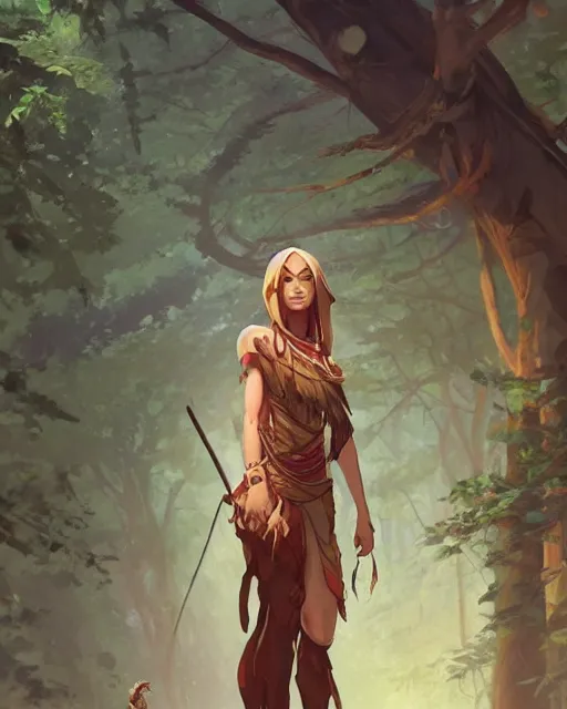 Prompt: a tribeswoman standing in the woods. By Makoto Shinkai, Stanley Artgerm Lau, WLOP, Rossdraws, James Jean, Andrei Riabovitchev, Marc Simonetti, krenz cushart, Sakimichan, D&D trending on ArtStation, digital art.