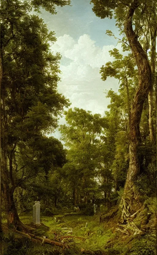 Prompt: artwork painting of a lush environment, a cemetery headstone by eugene von guerard, ivan shishkin