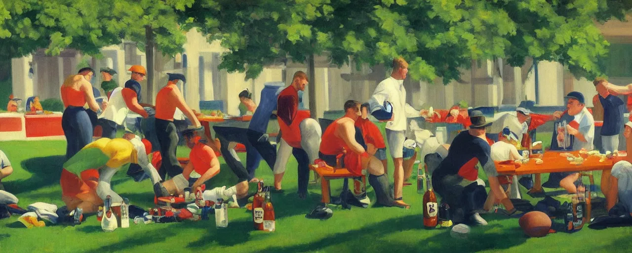 Prompt: an awesome painting of a group of football fans drinking beer and barbequing at a tailgate party, a picture in the style of Edward Hopper