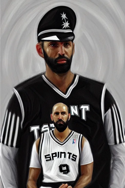 Prompt: full body portrait of the dictator of the san antonio spurs, 1 8 8 9, in full military garb, silver, black, white, greg popovich, oil on canvas by william sidney mount, trending on artstation